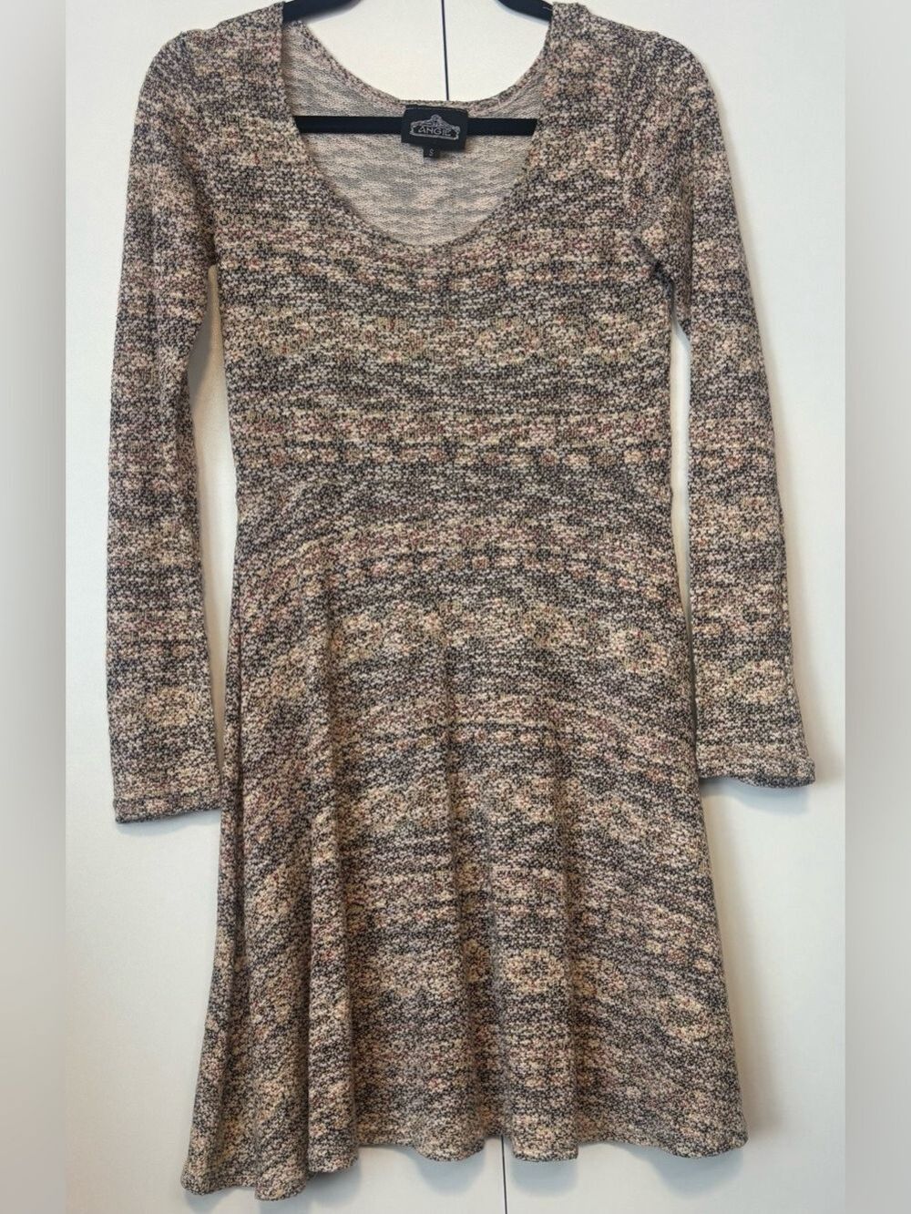 Long Sleeve Knit Fit-and-Flare Dress in Heathered Neutrals -Angie - Scoop neck